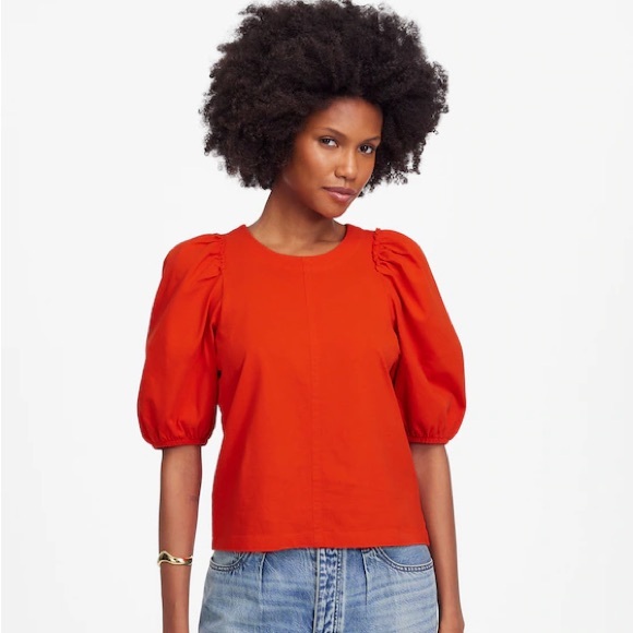 Madewell NWT Puff-Sleeve Tee Size Medium in Bright Flame - Picture 1 of 8